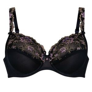 Anita Rosa Faia Colette Black Lace Underwire Bra with Purple Floral Embroidery